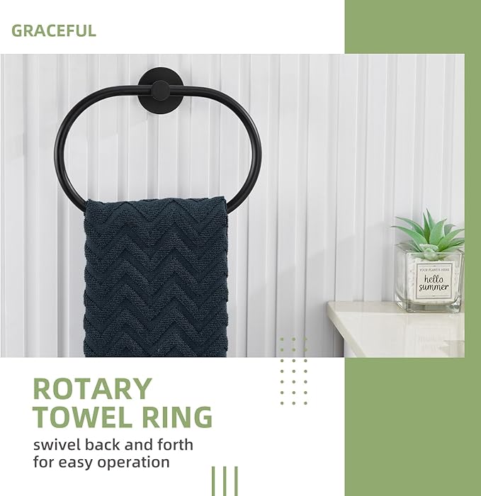 Bathroom Hardware Set 4-Piece Matte Black, Angle Simple Stainless Steel Bathroom Accessories with Towel Hook X 2, Toilet Paper Holder and Rotary Towel Ring, Wall Mount