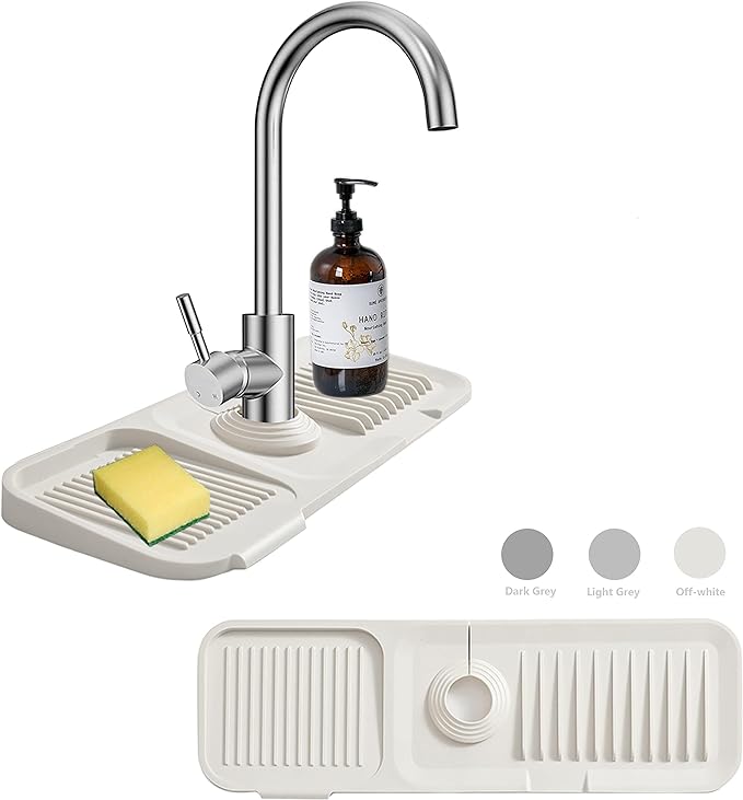 Kitchen Sink Splash Guard Sponge Holder for Kitchen Sink Silicone Faucet Handle Drip Catcher Tray Sink Protector for Kitchen Sink Faucet Mat Fits the Faucet Tube within 2.5"(Off-white, 17.7'')