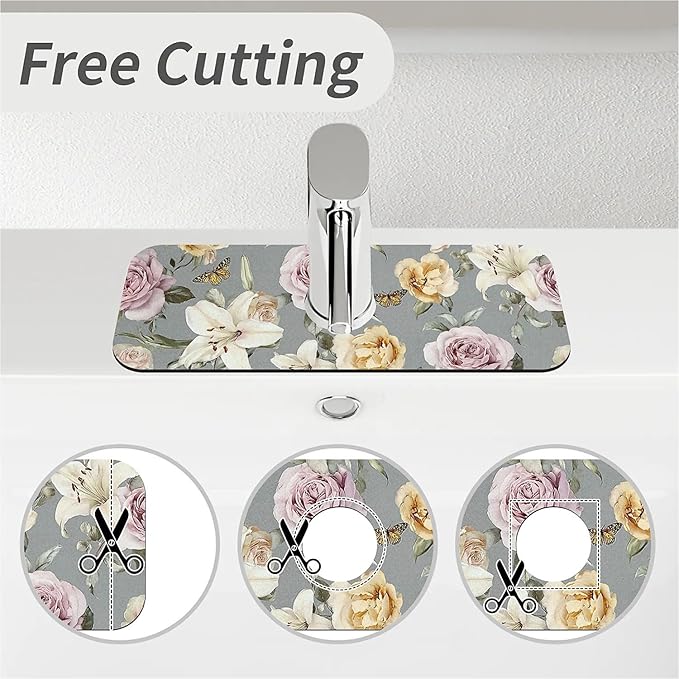 Kitchen Sink Splash Guard，Watercolor roses and lilies Faucet Mat Sink Gadgets-Super Absorbent Fast Drying Mat Drip Catcher for Kitchen, Bathroom,Sink Mat, Dish Drying Mat, Bathroom(15" X 5.5" )