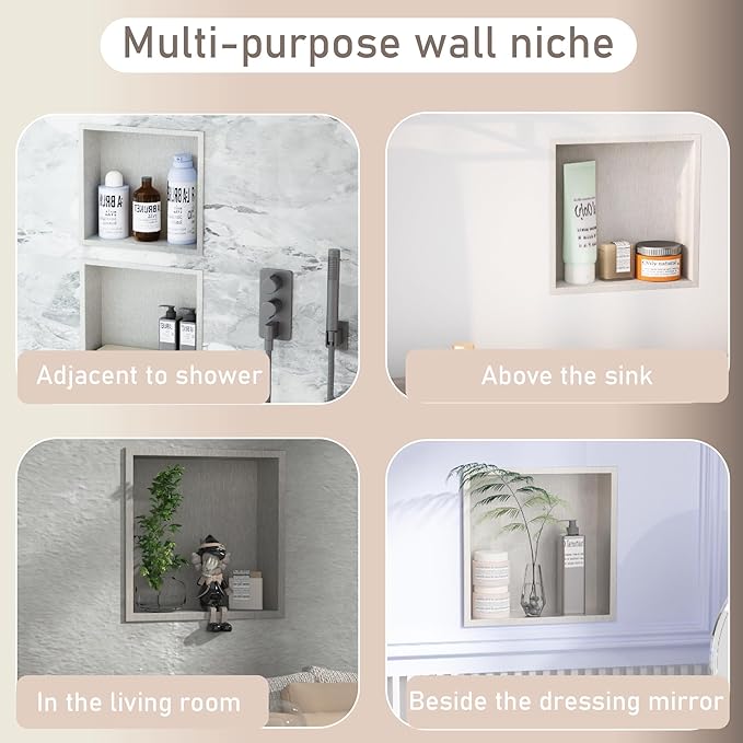 No Tile Needed Shower Niche for Bathroom Storage,Recessed Wall Niche,Shower Shelf,Stainless Steel (Brush, 12 * 12 in)