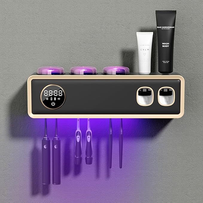 Toothbrush Holders for Bathrooms, UV Toothbrush Sanitizer and Holder Smart Home Bathroom Accessories, 3 Cups Electric Toothbrush Holder Wall Mounted with Toothpaste Dispenser Bathroom Decor (Black)