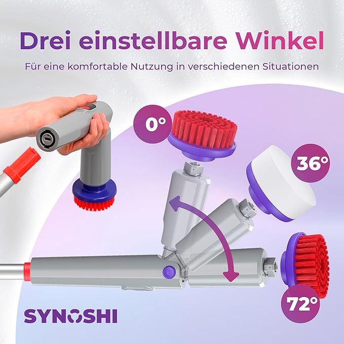 Synoshi PRO Electric Spin Scrubber Bundle – Shower Scrubber with Long Handle Extension & Cone Brush Heads – Bathroom Scrubber, Floor Scrubber & Bathtub Scrubber Electric Cleaning Tool