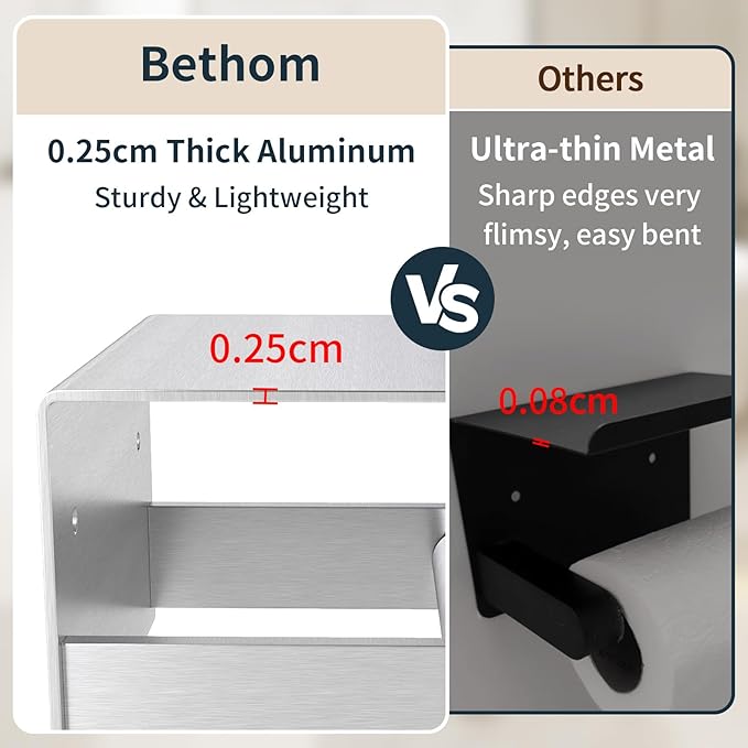 Toilet Paper Holder with Shelf, Toilet Paper Holder Wall Mount Adhesive for Bathroom Washroom RV with Spring Rod, Brushed Nickel