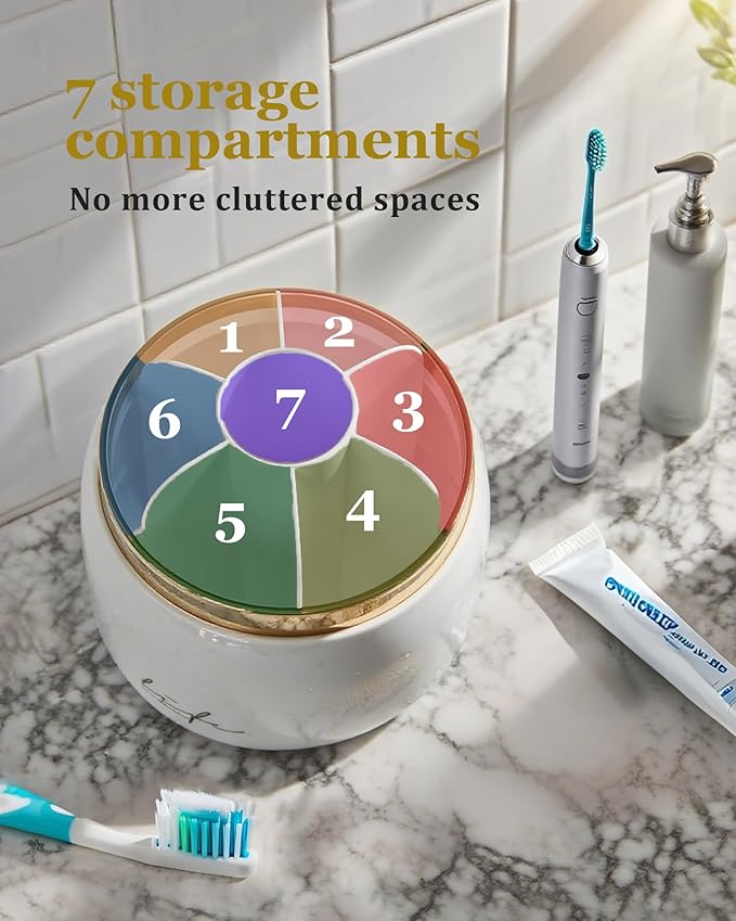 360° Rotating Toothbrush Holder for Bathroom, 7-Slot with Cover & Drainage for Electric Toothbrushes, Toothpaste, Razors - Stand Storage for Vanity, Bathroom Accessories, Countertop Organizer (White)