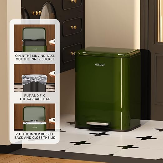 Small Bathroom （6 Liter / 1.6 Gallon） Trash Can - Mini Step Garbage Can with Lid, Stainless Steel Trash Bin for Living Room Bedroom (Green)