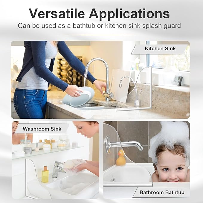 2 Pcs Shower Splash Guard kit, Easy to Install with Self-Adhesive, Large Shower Blocker for Bathtub, Kitchen Sink