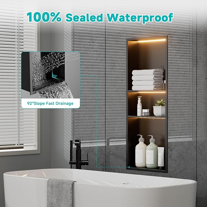 Black Stainless Steel Shower Niche with LED Lights 12" x 30" – Recessed Shower Shelf with 3-Tier Storage, Waterproof & Rustproof Bathroom Wall Niche