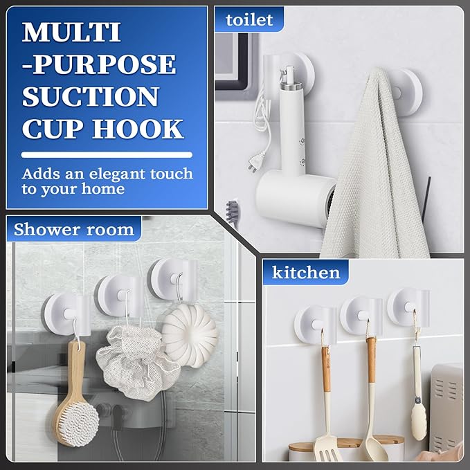 Heavy Duty Reusable Suction Cup Hooks for Shower - No Drill Bathroom/Glass/Mirror/Tiles & Metal Surfaces,and Smooth Non-Porous Surfaces for Towels, Robes, Loofahs (4, White)