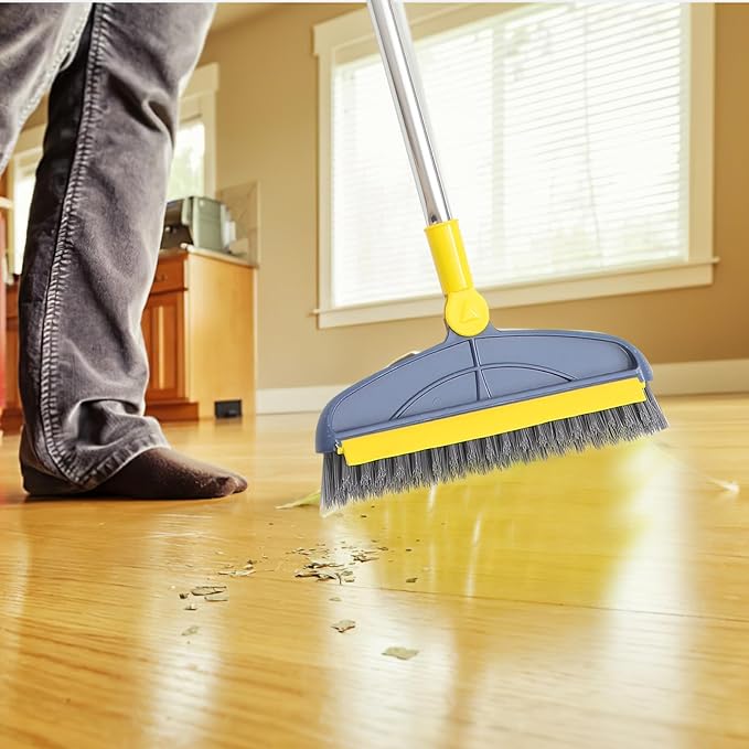 Long Handle Floor Brush Scrubbing with Stiff Bristles, 126cm Blue-Yellow Groove and Grout Cleaning Brush for Bathroom and Kitchen Floor Crevice Cleaning