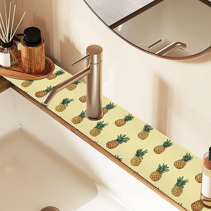 Light Yellow Pineapple White Kitchen Sink Splash Guard Sink Faucet Mat Faucet Handle Drip Catcher Drain Mats for Kitchen Bathroom Countertop Absorbent Dish Drying Pad 2Pack 14.7x5.4