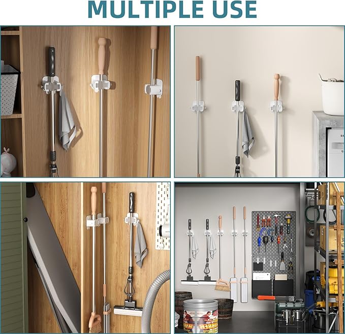 TAILI Mop and Broom Holder Wall Mount Grippers, 2 Hangers and 6 Adhesive Strips, Damage Free Hanging Wall Mount, Household Cleaning Organizer for Organization and Storage, Holds up to 4 lbs, White