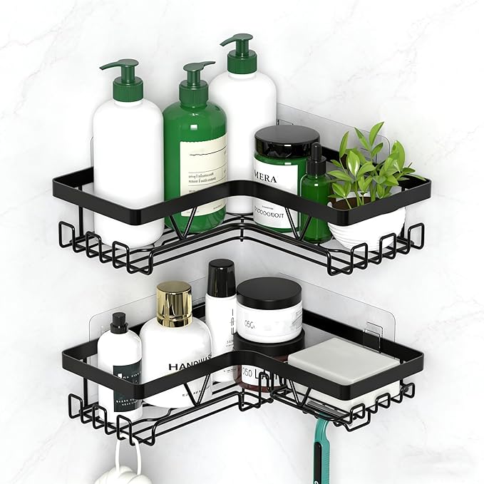 KEGII Corner Shower Caddy, Adhesive Shower Organizer with Soap Holder and Hooks, No Drilling Bathroom Shelf Rack, Black