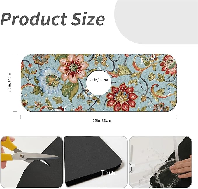 Kitchen Sink Splash Guard，large flowers and leaves Faucet Mat Sink Gadgets-Super Absorbent Fast Drying Mat Drip Catcher for Kitchen, Bathroom,Sink Mat, Dish Drying Mat, Bathroom(15" X 5.5" )