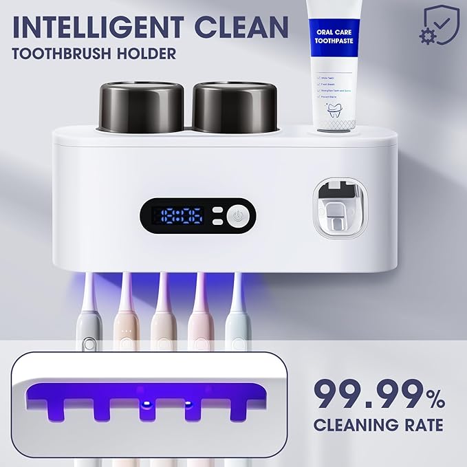 Toothbrush Holders Cleaner & Dryer for Bathroom,LXIANGN Smart Wall Mounted Toothbrush Holders with Countdown LED Screen,5 Toothbrush Slots,2 Cups and Toothpaste Dispenser (White)