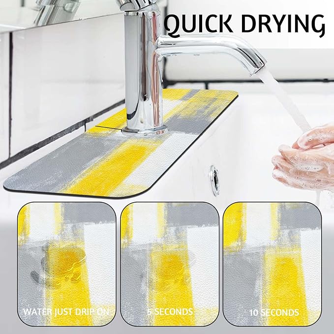 MCALK Yellow Kitchen Sink Faucet Mat Splash Guard, Absorbent Quick-Dry Kitchen Sink Mat - Ideal for Splash Guard & Drip Catching with Abstract Art Decor( 1pc 15"x5.5")