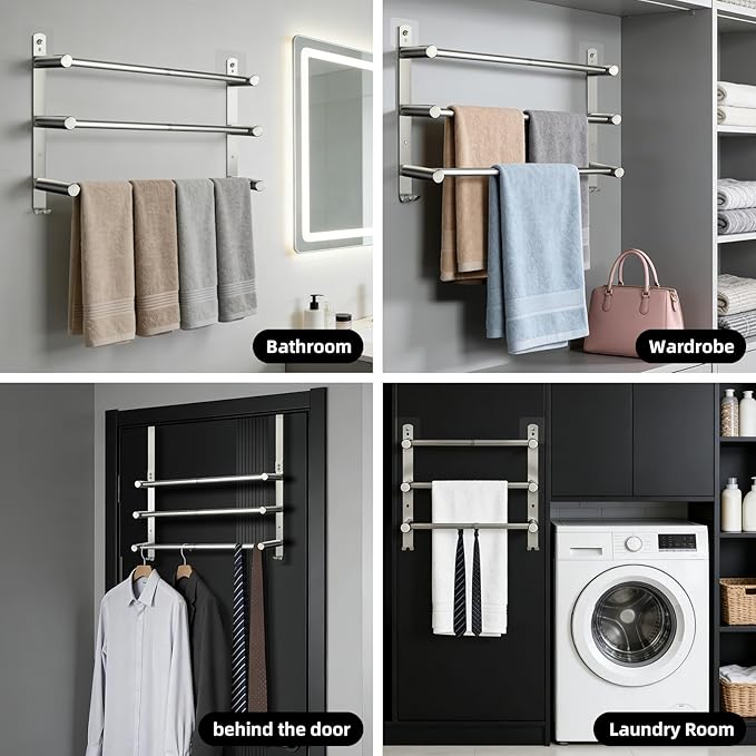 17-29inches Retractable Length Over The Door Towel Rack, 304 Stainless Steel Over The Door Towel Rack, Over Door Towel Holder with 3 Tier Towel Bars, Over Door Towel Storage for Bathroom