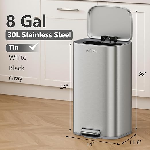 mVm 13 Gal Kitchen Trash Can Set, 8+5.3 Gallon Tall Trash Can with Lid, Smooth Edge Garbage Bin for Home Office (Tin)