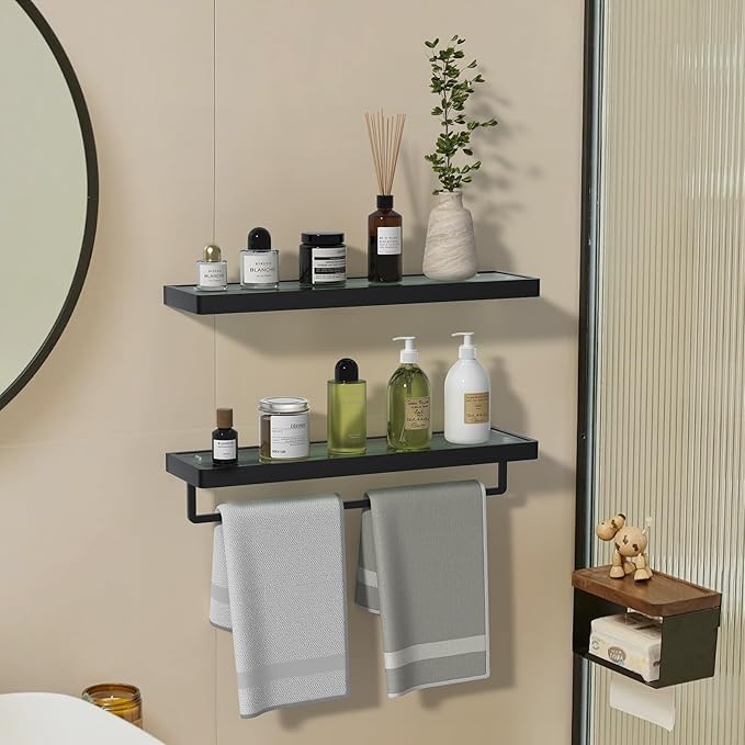 Floating Glass Shelves for Bathroom 20-in with Towel Bar/Tempered Glass Rectangular 1 Tier Organizer Shelf (Matte Black, 20'')