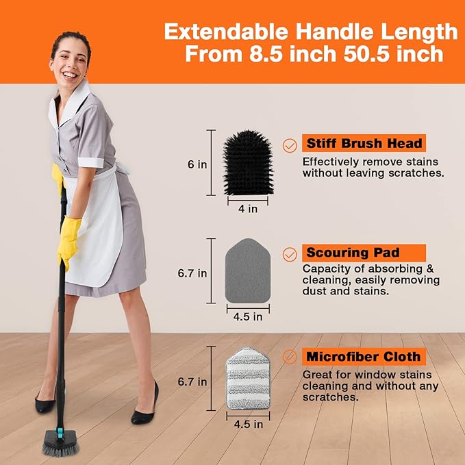 3 in 1 Scrub Cleaning Brush with Long Handle 51'' - Shower Bathtub Tub & Tile Scrubber Brush Include 1 Stiff Brush Head & 3 Scouring Pads & 3 Microfiber Clothes, for Wall Bathroom Glass Bathtub(Black)