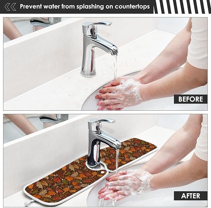 2 PCS Kitchen Sink Splash Guard 30 Inch Faucet Mat for Kitchen Sink Bathroom Sink Faucet Absorbing Drip Drain Mat Pad Microfiber Soft Washable Brown Autumn Maple Leaves