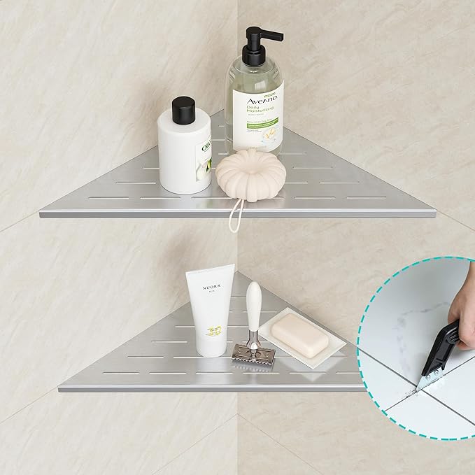 Neodrain 12 Inch Brushed Corner Shelf Set of 2, Floating Corner Shelves for Wall, 304 Stainless Steel Wall Storage Shelves for Bathroom, No Drilling