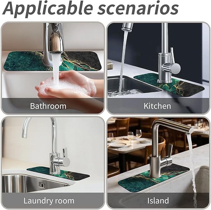 Kitchen Sink Splash Guard，Black and green gold marble Faucet Mat Sink Gadgets-Super Absorbent Fast Drying Mat Drip Catcher for Kitchen, Bathroom,Sink Mat, Dish Drying Mat, Bathroom(15" X 5.5" )
