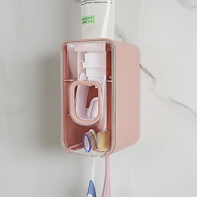 2 Slot Toothbrush Holder and Toothpaste Dispenser Wall Mounted, Automatic Toothpaste Squeezer, 2 in 1 Tooth Brush Toothpaste Organizer for Shower (Pink)