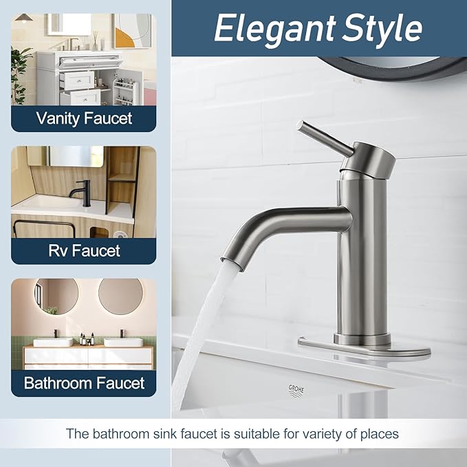 Bathroom Faucets, Brushed Nickel Single Hole Bathroom Sink Faucet Modern Single Handle Vanity Sink Faucet 1 Hole with 3 Hole Deck Plate, Pop Up Drain