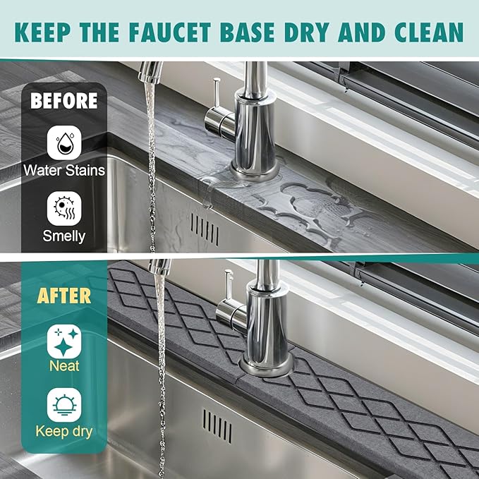 23.6 Inch Stone Faucet Mat for Kitchen Sink, Diatomite Absorbent Fast Drying Stone Sink Tray, Faucet Splash Guard Prevents Moisture for Kitchen Bathroom Countertop