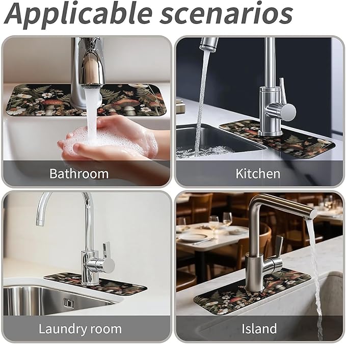 Kitchen Sink Splash Guard，Dark mushrooms and butterflies Faucet Mat Sink Gadgets-Super Absorbent Fast Drying Mat Drip Catcher for Kitchen, Bathroom,Sink Mat, Dish Drying Mat, Bathroom(15" X 5.5" )