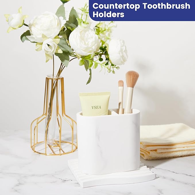 Diatomite Toothbrush Holders for Bathrooms, Electric Tooth Brush and Toothpaste Holder for Bathroom Countertop, Marble White Bathroom Accessories, 2 Slots Toothbrush Organizer