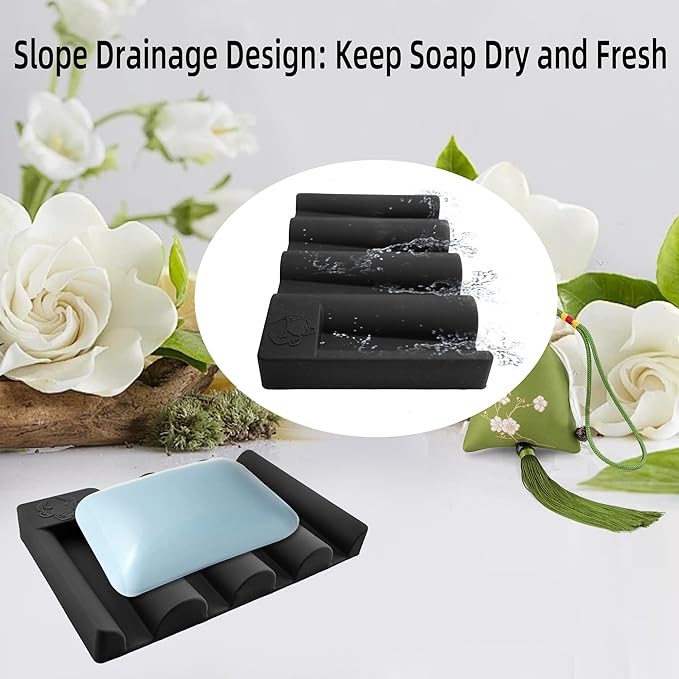 Silicone Soap Dish,Self Draining Soap Holder Perfect for Shower,Bathroom Sink,Kitchen Sink & Travel,Non-Slip Bar Soap Holder Extend Soap Life,Keep Soap Bars Dry Clean (Black-2Pcs)