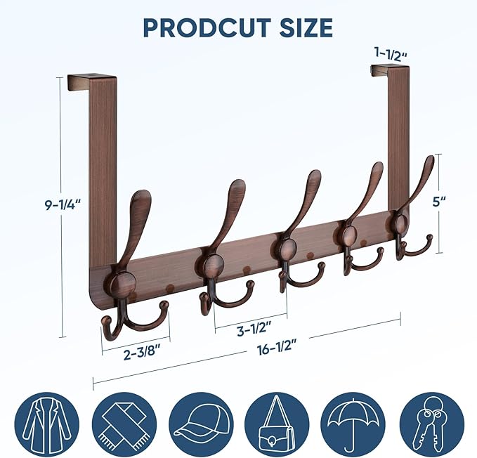 TICONN Over The Door Hooks, 5 Heavy Duty Tri Coat Rack All Metal Coat Hanger for Bathroom Bedroom Dorm (Antique Bronze, 2PK, Fit 1-3/8" Doors)