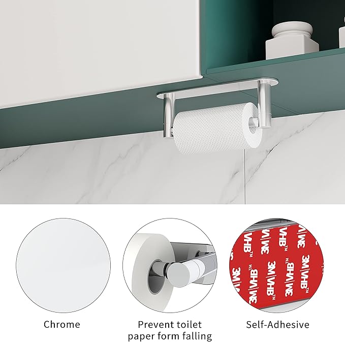 Adhesive Toilet Paper Holder Chrome Bathroom Double Post Pivoting Toilet Tissue Holder Polished Roll Holder Stick On No Drilling Stainless Steel and Zinc Alloy