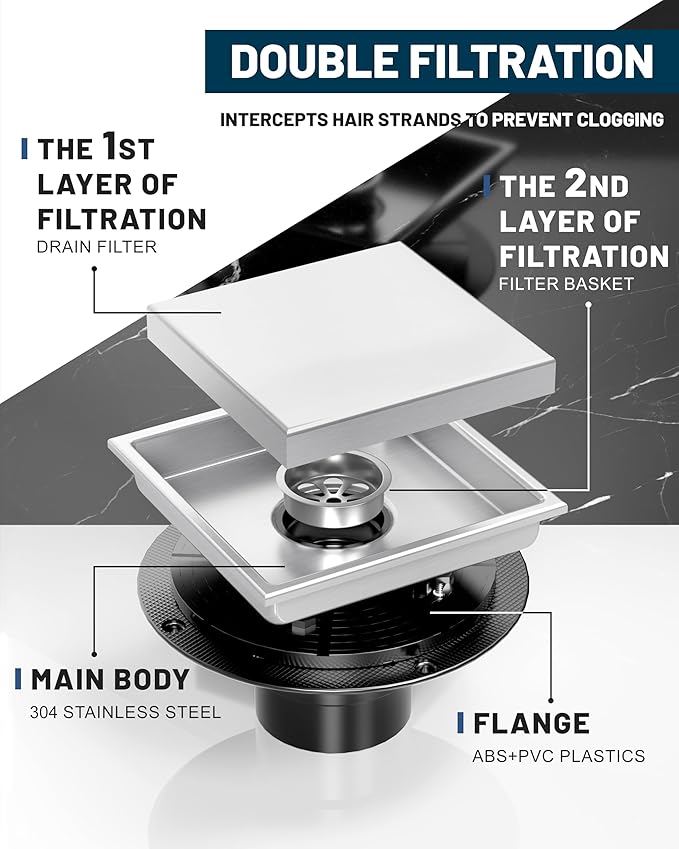 6 Inch Square Shower Drain with Flange Reversible 2-in-1 Cover Tile Insert Grate SUS 304 Stainless Steel, Hair Catcher, Anti-Clog, Rust-Resistant, Fast Drainage (Brushed)