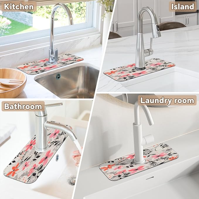 Gray Background Floral Kitchen Faucet Mat Splash Guard, 15.4”x5.7” Absorbent Quick Drying Sink Mat for Countertop Protection, Draining Mat Sink Protectors For Kitchen Bathroom, 1 Pack