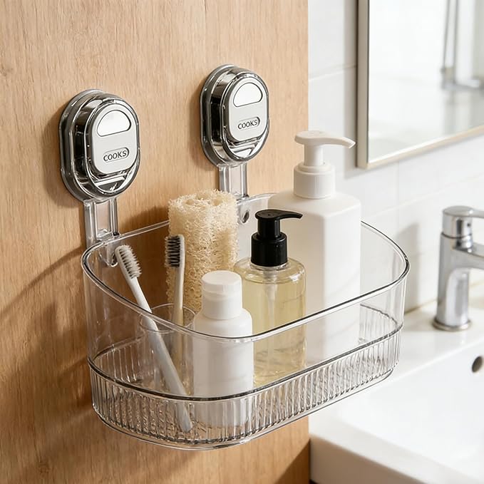 No-Drill Bathroom Suction Cup Storage Shelf - Waterproof Large Capacity Organizer Rack with Strong Suction & Easy Installation for Shower, Toilet, Vanity, Countertop (Clear)