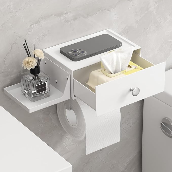 Lifewit Toilet Paper Holder with Shelf and Drawer, Screw or Adhesive Wall Mount Tissue Roll Storage, Dustproof & Flushable Bathroom Wipes Dispenser Organizer, White, 1 Pack