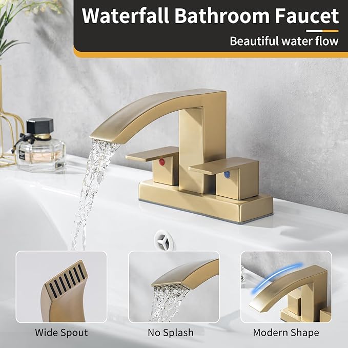 4 Inch Centerset Bathroom Faucet, 2-Handle Waterfall Sink Faucet 3 Hole, Brushed Gold Vanity Faucet with Pop Up Drain & cUPC Supply Hoses,Waterfall Bathroom Faucet for Lavatory
