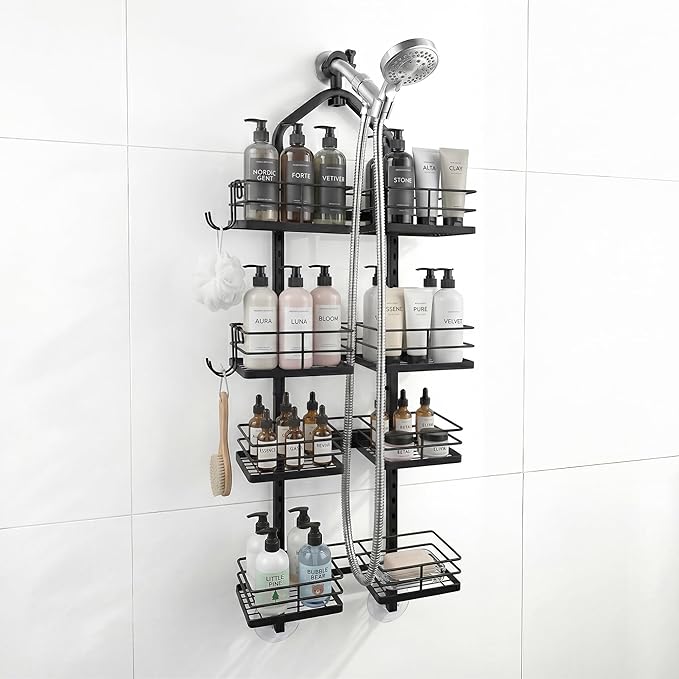 Aluminum Alloy Hanging Shower Caddy for Handheld Shower Heads, 4-Tier Adjustable Shower Rack, Rustproof Hose Hanging Shower Organizer with 2 S-Hooks, Matte Black