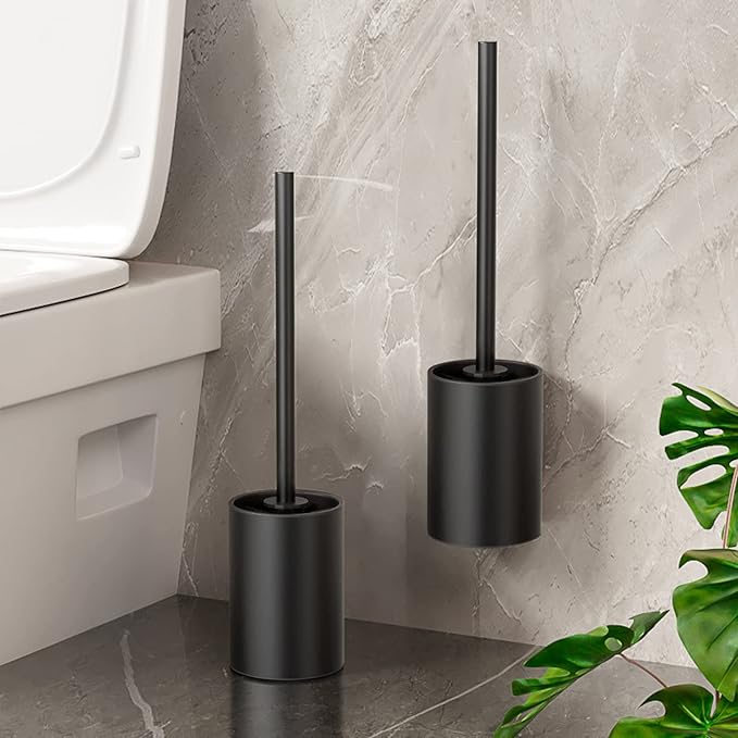 Toilet Brush and Holder, Compact Size Toilet Bowl Brush with Stainless Steel Handle, Plastic Holder Easy to Hide, Space Saving, Drip-Proof, Long Handle Bristles for Bathroom Cleaning (Black)