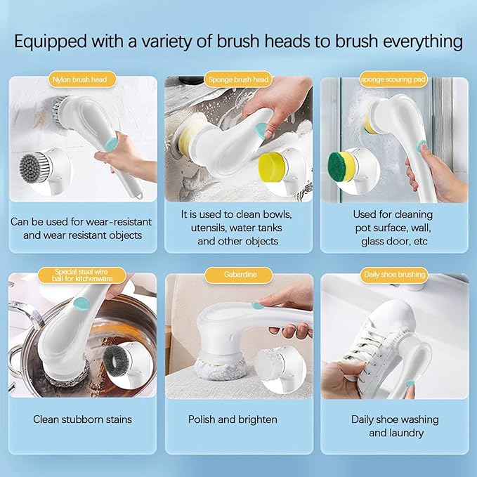Electric Spin Scrubber, Cordless Cleaning Brush, 5 Brush Heads Rotary Power Cleaner, 90 Mins Runtime, Rechargeable Deep Clean Brush for Bathroom Kitchen Sink Tile Glass and Car (White)