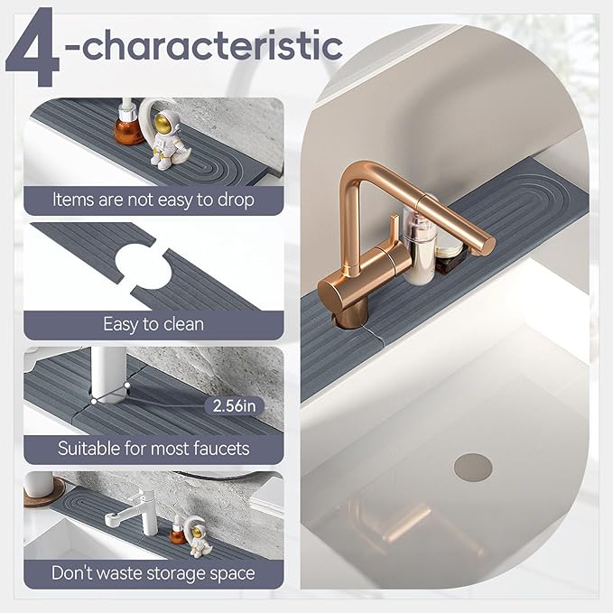 Absorbent faucet mat for Kitchen Sink - Water Absorbing Stone Tray for Sink, Diatomite Fast-Drying Faucet Mat,Faucet Splash Guard for Kitchen,Bathroom Sink (Dark Gray, 15.8" x 3.9")