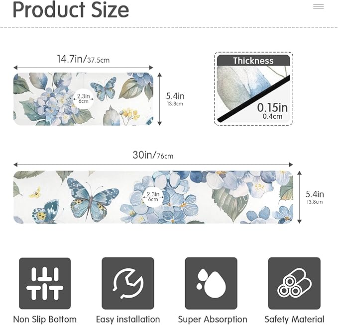 Blue Hydrangea Butterfly Kitchen Sink Splash Guard Faucet Mat Diatomite Absorbent Pad for Bathroom RV 14.7x5.4in 1PCS water