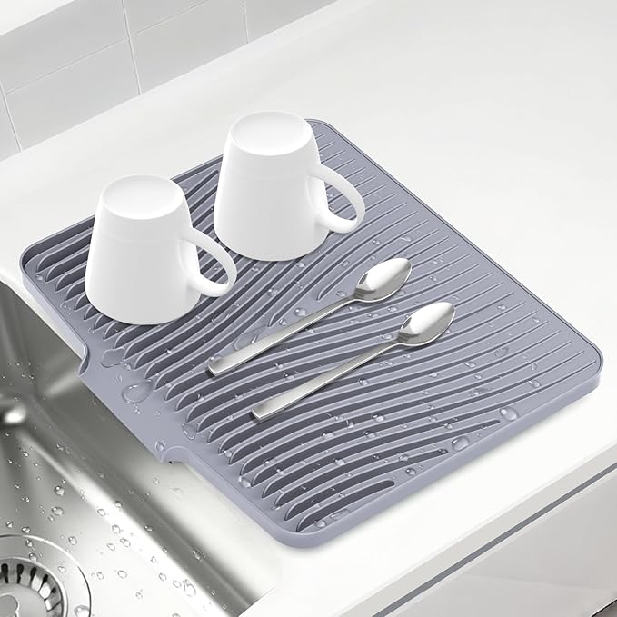Silicone Dish Drying Mat for Kitchen Counter, 19.7" x 17" Dish Drying Pad, Non-Slip Drain Pad with Built-in Drain, Heat Resistant Stone Drying Mat, Grey