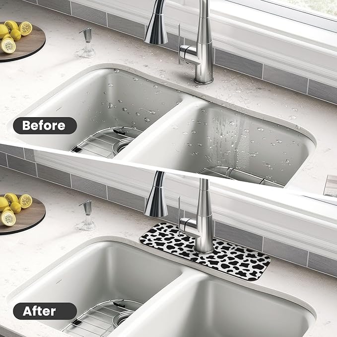 Cow Dalmatian Skin Print Black And White Kitchen Sink Splash Guard Faucet Mat Super Absorbent Fast Drying Mat Sink Gadgets-Fast Drying Pad Sink Mat For Kitchen Bathroom (15" X 5.5" )
