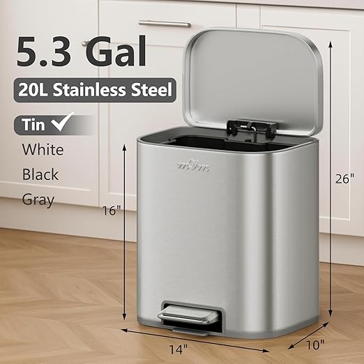 mVm 13 Gal Kitchen Trash Can Set, 8+5.3 Gallon Tall Trash Can with Lid, Smooth Edge Garbage Bin for Home Office (Tin)