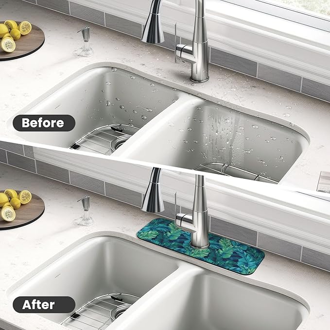 Palm Leaves Tropical Summer Green Hawaiian Kitchen Sink Splash Guard Faucet Mat Super Absorbent Fast Drying Mat Sink Gadgets-Fast Drying Pad Sink Mat For Kitchen Bathroom (15" X 5.5" )
