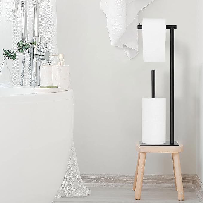 Black Toilet Paper Holder Stand, Bathroom Toilet Tissue Paper Roll Storage Free Standing Tissue Roll Holder Industrial Toilet Paper Dispenser for Farmhouse Washroom