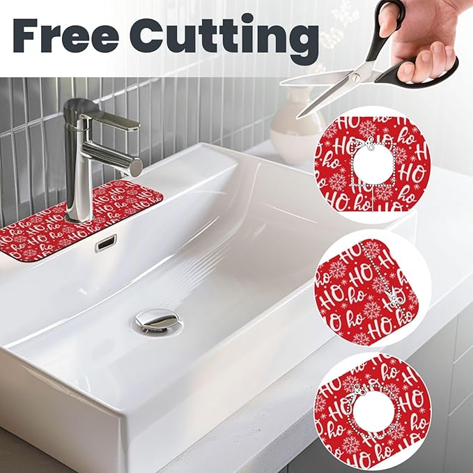 Christmas Snowflake Ho Red Buffalo Plaid Kitchen Sink Splash Guard Faucet Mat 1 Pcs, Absorbent Fast Drying Mat Gadgets Splash Guard For Bathroom 15 X 5.5 Inches
